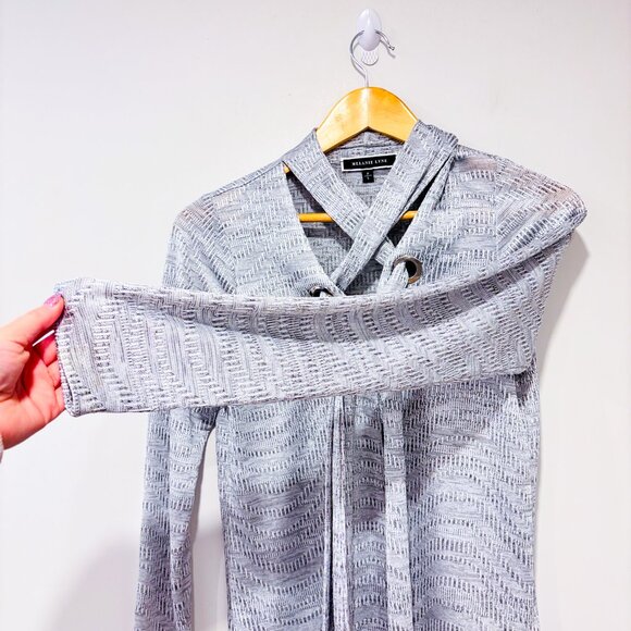 MELANIE LYNE Silver Metallic Tie-Front Top Shimmery Long Sleeve | Small * - Picture 7 of 8